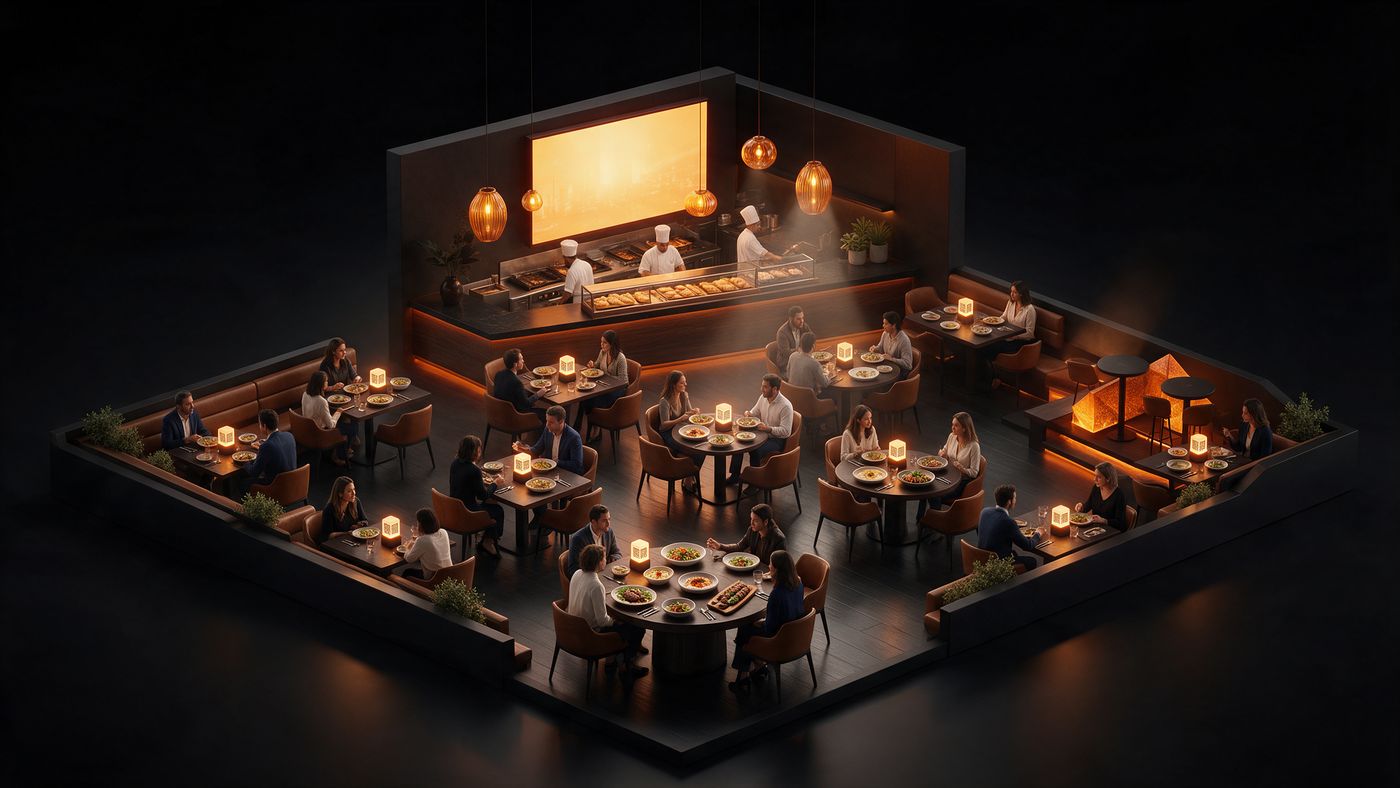 A restaurant with a QR code on every table